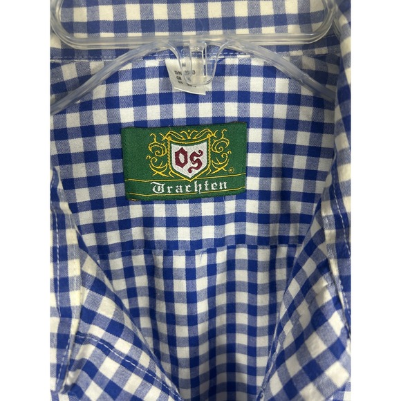 OS Trachten Mens Blue Gingham Button Down Shirt Long Sleeve Size M LOGO Pocket - Picture 2 of 14